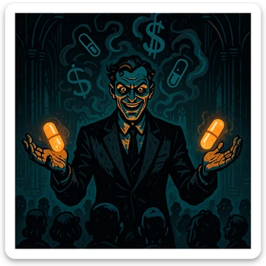 Charismatic man in a suit, glowing pills in hands, hypnotizing crowd, swirling pharmaceutical symbols, dollar signs in smoke, gothic neon-lit stage, cinematic lighting, hyper-detailed, Mike Mignola meets cyber-noir. Variant 7, more focus on pills. sticker