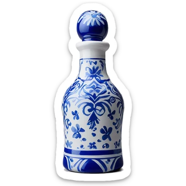 The Clase Azul Tequila bottle has a tall, hourglass-shaped ceramic body, hand-painted in white with cobalt blue floral designs. It’s topped with a distinctive gray, bell-shaped stopper that adds a final elegant touch. sticker