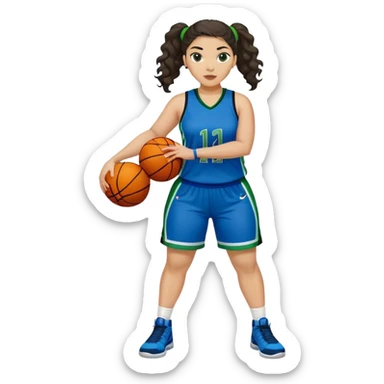 full body plus size light skin latino women basketball player with wavy dark hair in pony tail wide nose wearing blue uniform with green accent sticker
