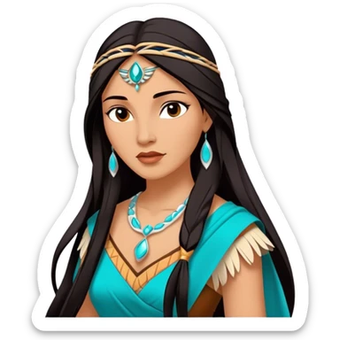 Cinematic Majestic Pocahontas Portrait Emoji, rendered in a clean, vector-style with bold shapes. Show Pocahontas with a serene, noble expression, radiant sun-kissed skin, and elegantly flowing dark hair, dressed in traditional garments with subtle turquoise accents. The design radiates a majestic, natural glow, high shine, and a soft glowing outline, capturing her regal beauty. sticker