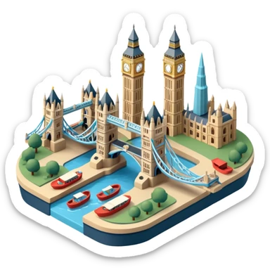 Isometric illustration of London with Tower Bridge over a small river section, toy-style boats, Big Ben peeking in background, vibrant yet muted colors, in miniature diorama style. sticker