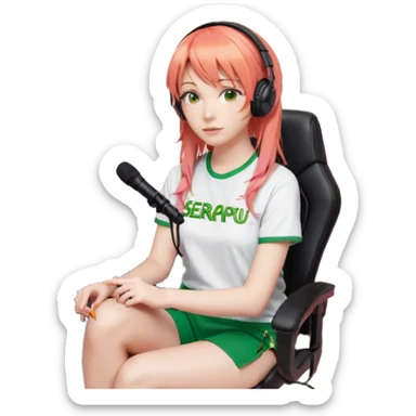 An ASMR streamer with orange hair, bangs, green eyes, and a microphone in front of her. Her room is dimly lit with pink light. She's sitting in a gaming chair with "Serappu" written on it. Behind her is a snake plant. On the shelf next to the plant are Baby Yoda and Gandalf toys. sticker