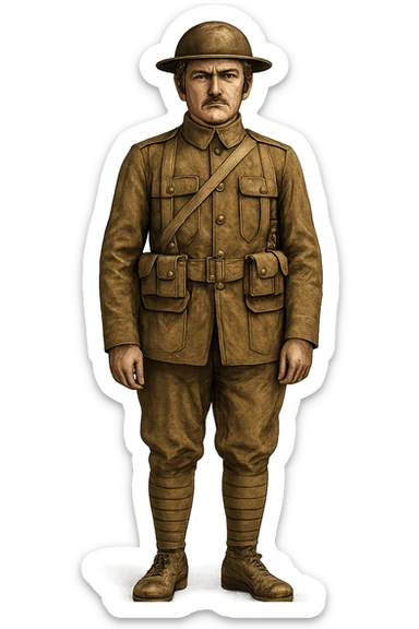a man in a brown soldier uniform with a square moustache, detailed, no background sticker