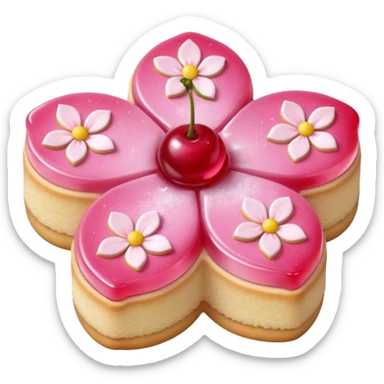 Realistic shortbread cookie in the shape of a cherry blossom with pale pink color jelly middle filling and sprinkled powder sugar on top. sticker