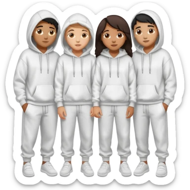four mixed race friends all wearing white oversized hoodies with the all of the hoods up, white sweatpants, and white slides huddled together hugging sticker