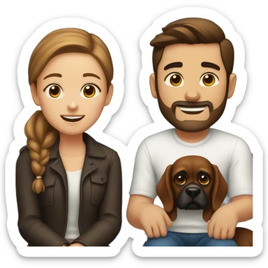 a girl with brown hair, and a man with short buzz brown hair with a beard, sitting with two dark brown boxer dogs sticker