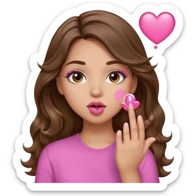 girl with long wavy brown hair, brown eyes, light to medium complexion, in a pink shirt, pink lips, long lashes, blowing a kiss sticker