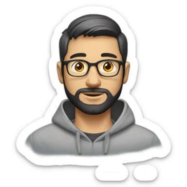 A project manager in a gray hoodie and with a short beard, with gray eyes, with short black hair without a parting, wearing glasses sticker