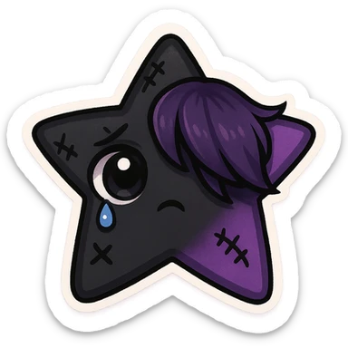 emo star, chibi style, black and purple, stitched, teardrop, dramatic shadows, big eyes sticker