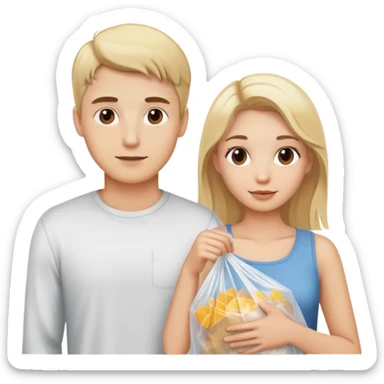 Blonde guy and blonde girl with brown eyes holding a plastic bag sticker