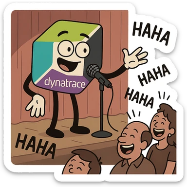 Dynatrace logo as a stand-up comedian on stage holding a microphone telling jokes with audience laughing sticker