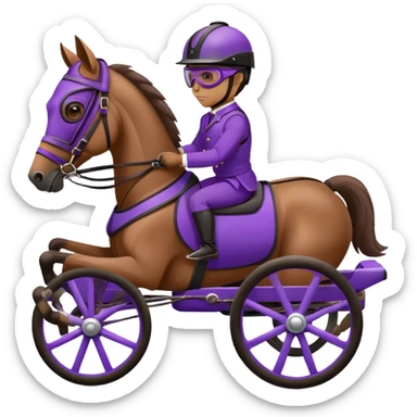 A brown harness racing horse. The sulky, a lightweight two-wheeled cart, is painted in black and attached to the horse’s harness. A driver, dressed in purple, is seated in the sulky not on the horse, wearing a purple helmet with goggles. sticker