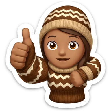 thumbs up fist, hand only, brown knit mitten with zig-zag beige pattern sticker
