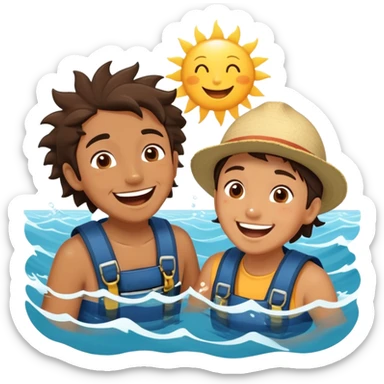 Two friends, as seafaring explorers, splash each other in the ocean, laughing as their eyes lock in pure joy and appreciation. The sun glistens on the water, highlighting their deep connection and the simple happiness of the moment.  sticker