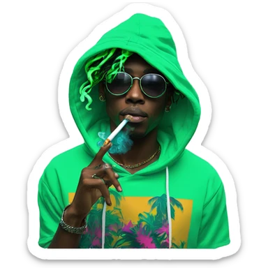 Multicoloured neon black and green graffiti person smoking wearing hoodie dancing hip hop bucket hat tropical Skater fashion aesthetic baggy clothes graphic t shirt 420 sticker