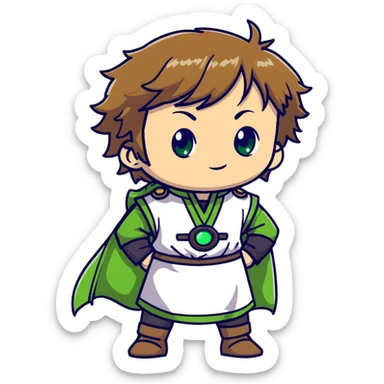 Young Rudeus Greyrat chibi, big green eyes, round face, messy light brown hair, wearing a tunic, cute and curious anime style sticker