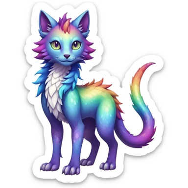 Kawaii dark rainbow iridescent fantasy ethereal feline-vernid-sergal-fursona animal creature with a tufted tail full body with intricate markings sticker