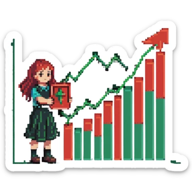 Girl holding chart with rising green graph line in right hand and holding another chart with falling red graph line in left hand sticker
