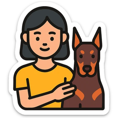 A medium black hair Asian girl holding a Doberman sticker