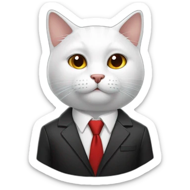 Boss amd white cat, white skin, black hair, brown eyes, black jacket with red tie. speek with client sticker