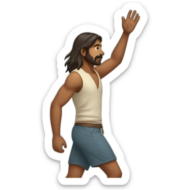 an indian man with long hair in shorts, walking, side profile, one hand raised slightly up sticker