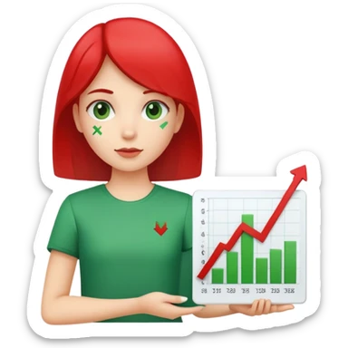 Girl holding chart with rising green graph line in right hand and holding another chart with falling red graph line in left hand sticker