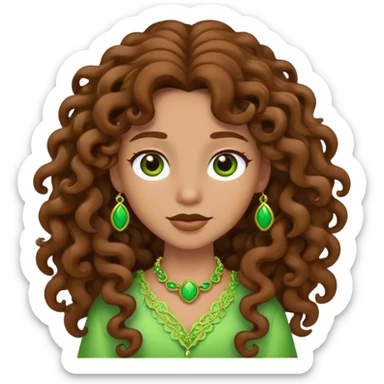 cartoon character with long brown curly hair and green accessories sticker