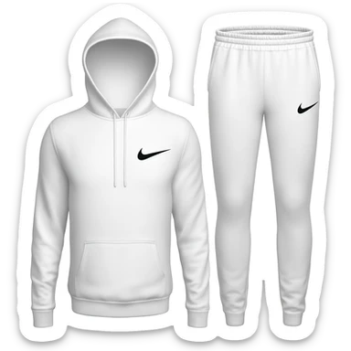 White Nike Tech fleece hoodie and matching joggers only, no model. Clean studio shot, plain white background. Visible swoosh logos, slim fit, zip details. No shoes, no extras. sticker