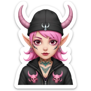 pink girl demon with tattoos, hat, jacket and horns sticker