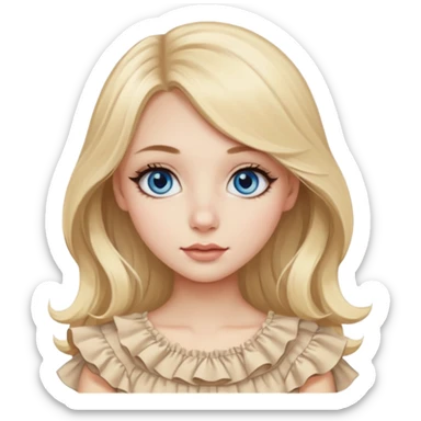 Beautiful Emoji girl with not very big close-set blue eyes and eyeliner, long round nose, wide not very full lips, long oval face shape, long blonde hair in cute ruffle beige top sticker