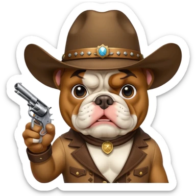 A bulldog wearing a cowboy hat pointing a revolver at you and telling you to hand over your money. sticker