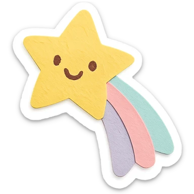kawaii yellow shooting star, smiling face, soft pastel colors, pastel trail, no arms or legs, full body, paper craft style sticker
