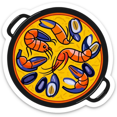 delicious seafood paella with prawns, mussels, and yellow rice in a traditional paella pan sticker