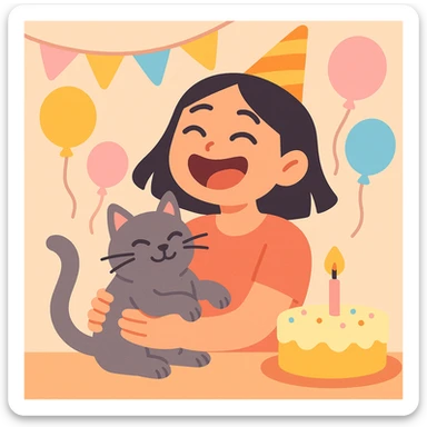 asian girl laughing, holding a grey cat, birthday party, pastel toon style sticker