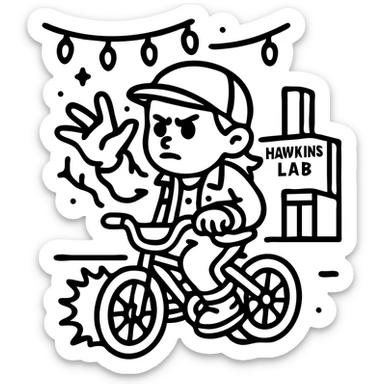 Stranger Things character in black and white line art, ideal for coloring. Personagem com bicicleta, poderes da Eleven, luzes de Natal, laboratório Hawkins ao fundo, traços nítidos, sem cor. sticker