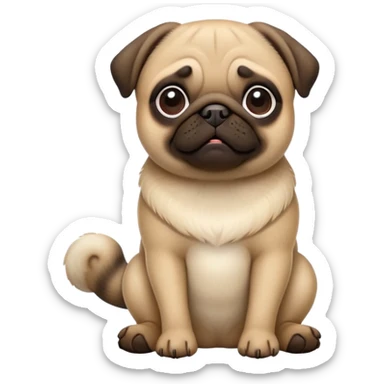 cinematic-[pug]-realistic-full-body-sitting-emoji,-tail-resting-loosely-beside-its-paws,-head-tilted-dramatically, -sleek-[fawn]-fur,-simplified-yet-realistic-focused-features,-highly-detailed,-glowing-with-an-almost-sarcastic-glow sticker