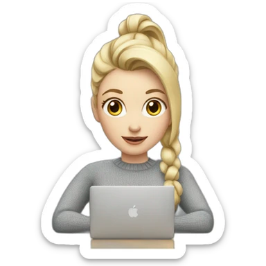 Woman with pale skin, short blonde ponytail and gray sweater sitting at table with Apple laptop sticker