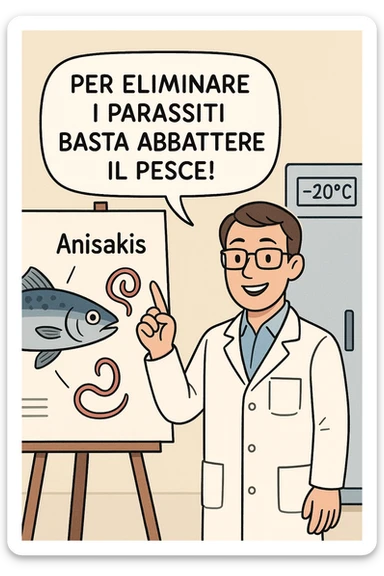  a scientist in a white lab coat stands beside a large poster showing a fish and a diagram of the Anisakis parasite. The scientist points to a speech bubble that says, “Per eliminare i parassiti basta abbattere il pesce!” In the background, a blast freezer is visible, with a temperature gauge set to -20°C. The mood is informative and reassuring. In italiano sticker