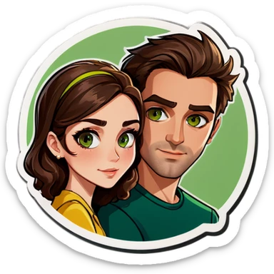 Couple women with brown eyes and brown hair and man with brown hair and green eyes  sticker