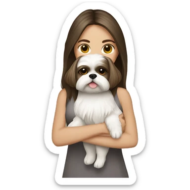 Young brunette hair woman with a cream shih tzu in her arms long hair sticker