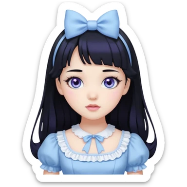 sweet lolita with black hair, violet eyes, white skin, wearing a light blue dress sticker