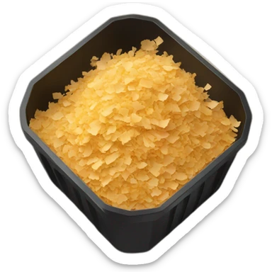 Black cubic plastic container with wood shavings inside sticker