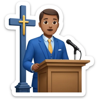 pastor with blue suits preaching in front of a pulpit with a cross behind him on the wall sticker