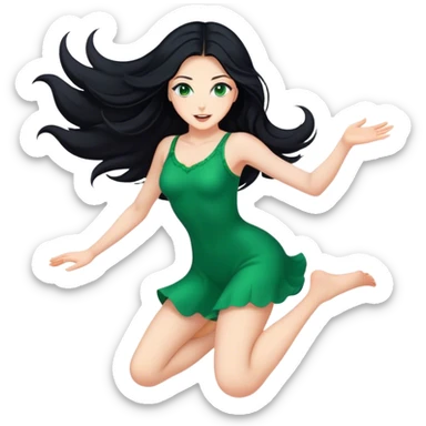 Beautiful lady with long black hair and green eyes jumping sticker