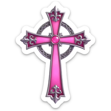 3D gothic cross with pink stained glass inlays, ornate and luminous sticker