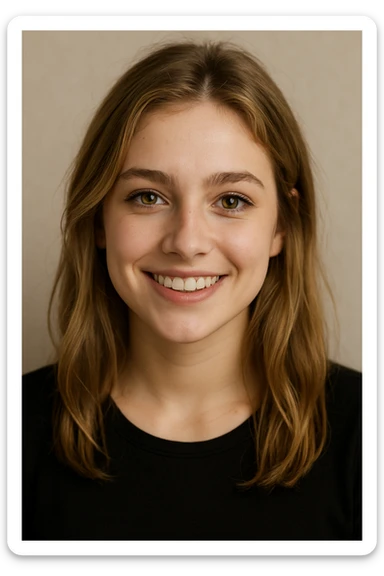 a white girl with dirty blond hair, hazel eyes, wearing a black top, smiling, neutral background sticker
