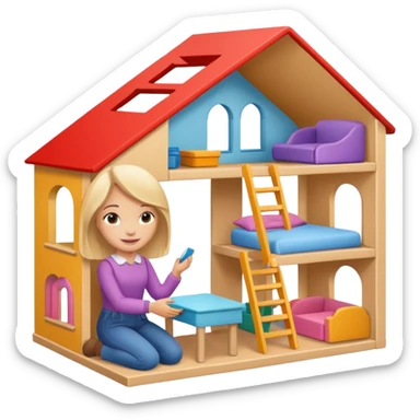 smiling girl arranging furniture in doll house sticker