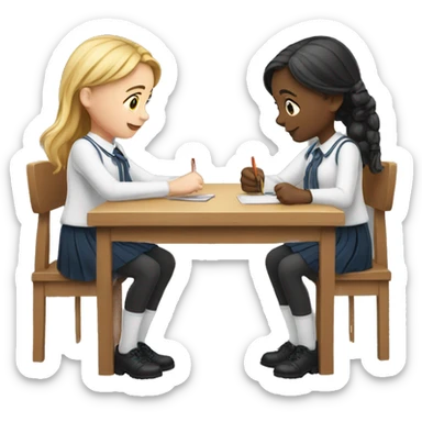 Two schoolgirl at the table are playing sticker