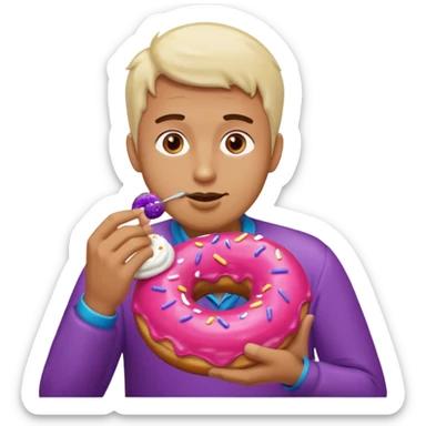 A man eating a pink donut and an eggplant covered in white sauce sticker