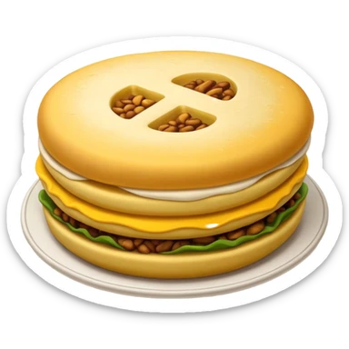 Cinematic Realistic Arepas Dish Emoji, depicted as golden cornmeal cakes filled with savory ingredients rendered with lifelike textures and warm, inviting lighting. sticker